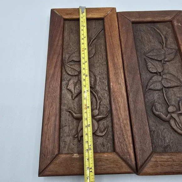 2 Antique Vtg Handcarved Wooden Panel Upcycled Plant Flower Wall Hangings